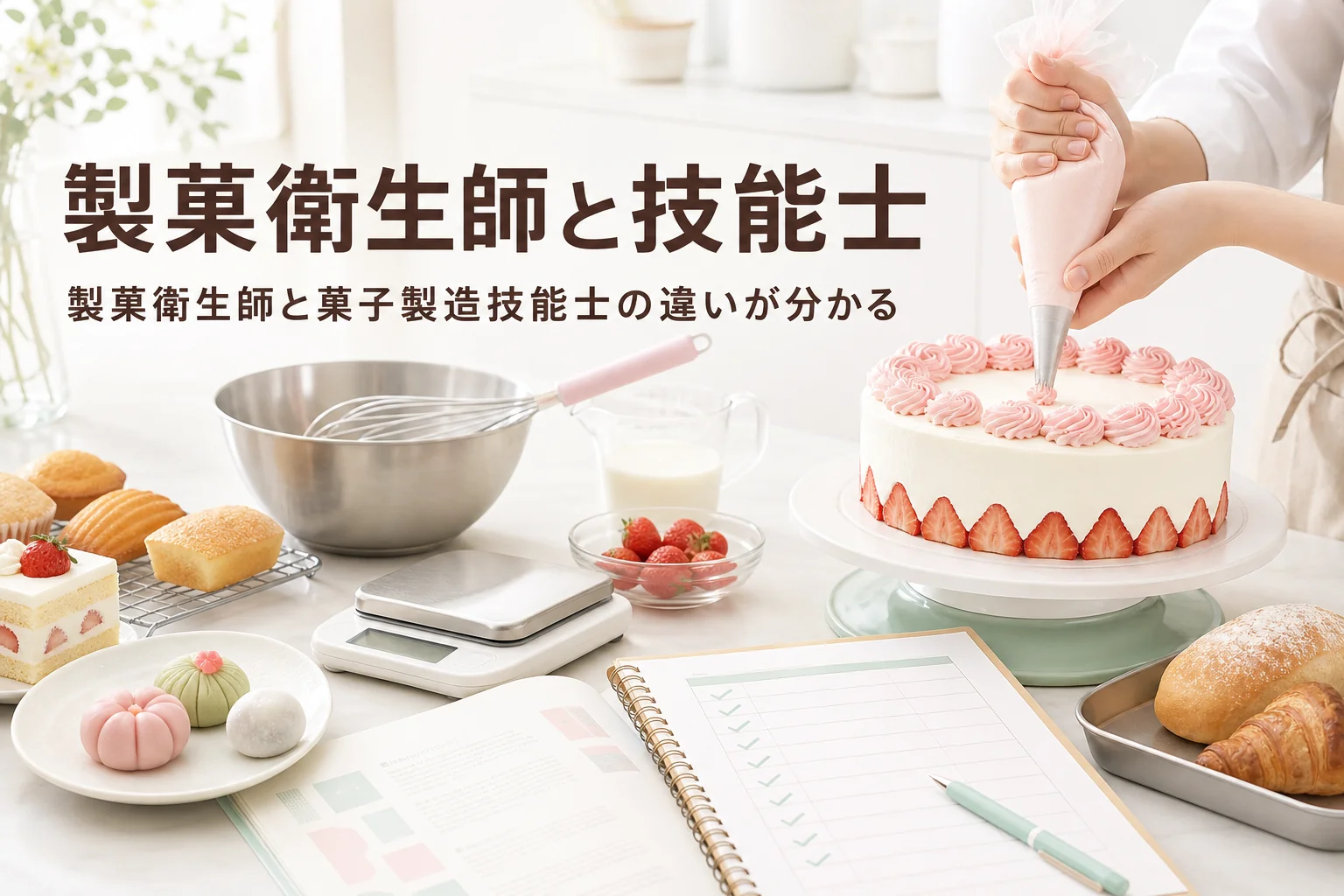 製菓衛生師と菓子製造技能士の違いを、知識の資格と技能の資格として解説する記事のアイキャッチ