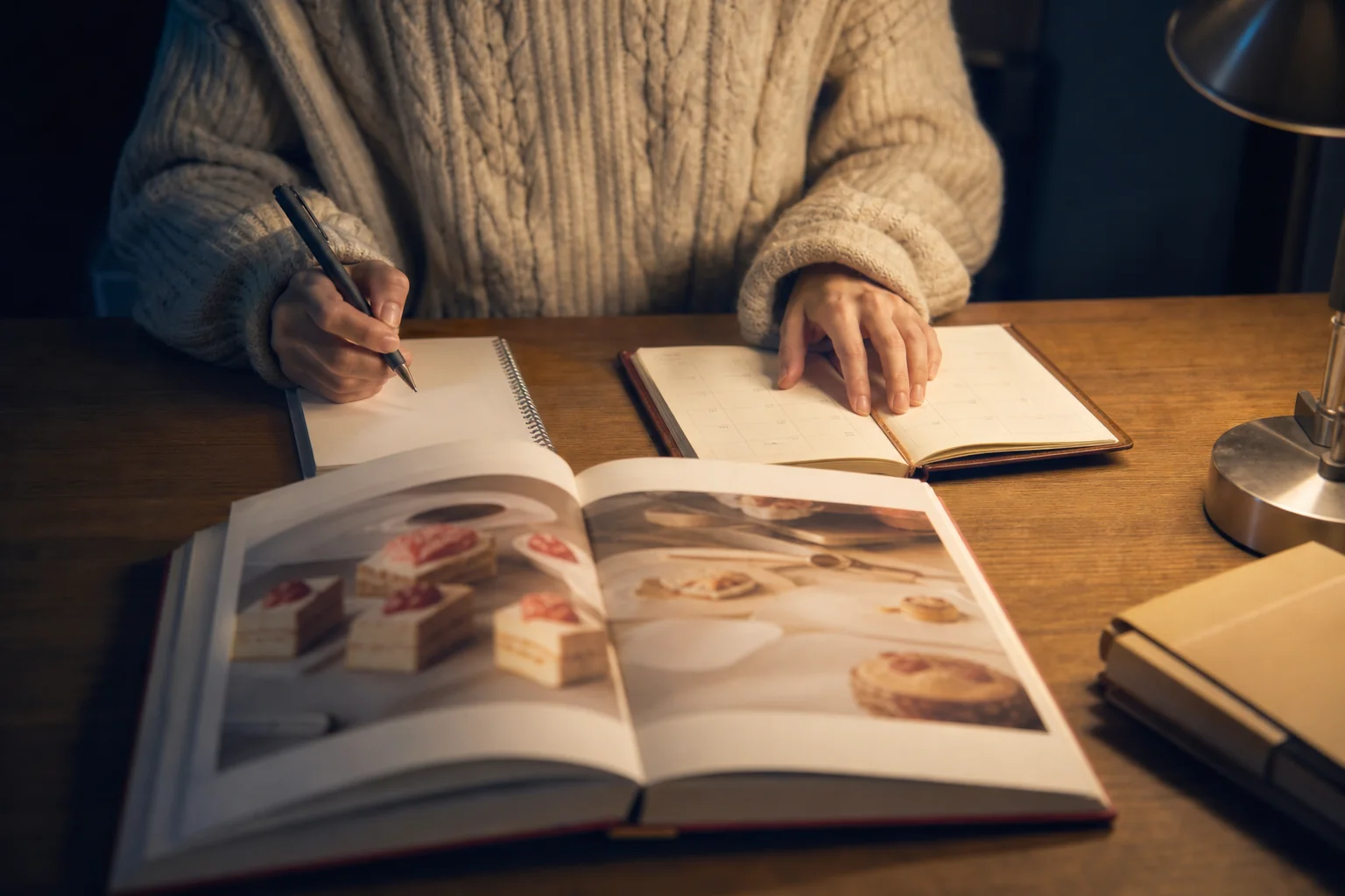 働きながら学ぶ人の机の上に、製菓のテキストとノート、スクーリングの予定を書いた手帳が並んだ手元の写真
