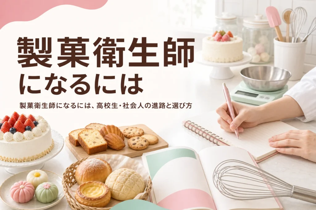 製菓衛生師になるには、高校生や社会人がどんな進路を選べばよいかを解説する記事のアイキャッチ