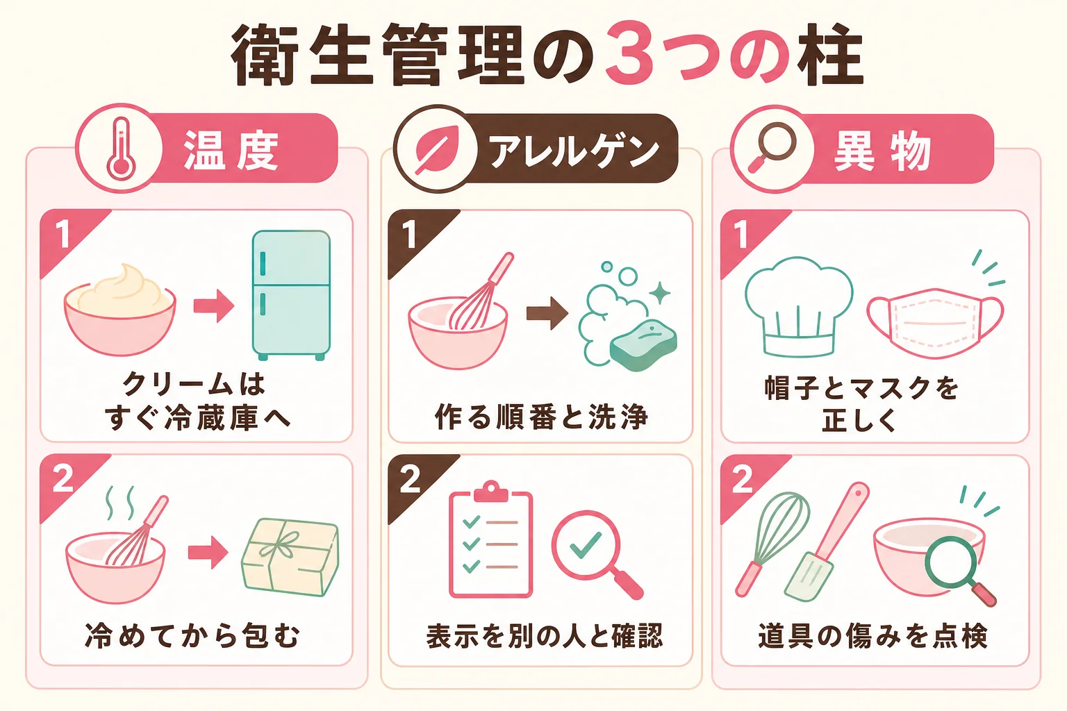 お菓子づくりの衛生管理を、温度・アレルゲン・異物の3つに分けて、現場の具体的な場面と対応を示した図解