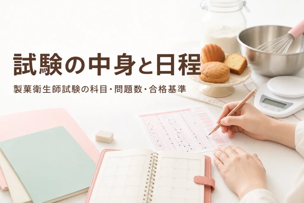 製菓衛生師試験の内容と日程、科目・問題数・合格基準を解説する記事のアイキャッチ