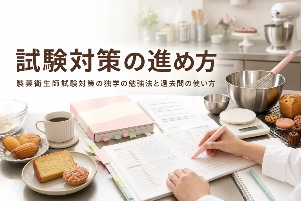 製菓衛生師試験の対策として、独学の勉強法と過去問の使い方を解説する記事のアイキャッチ