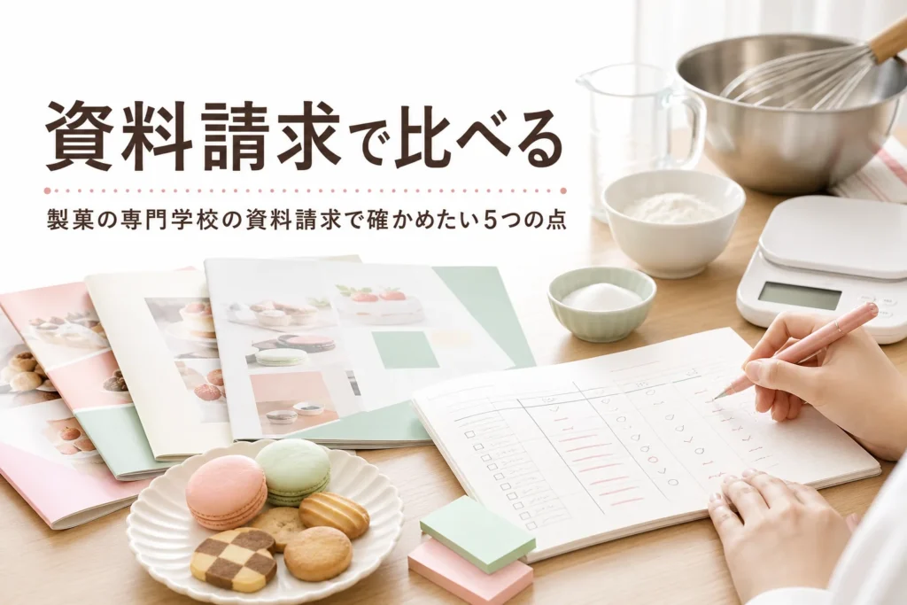 製菓の専門学校や講座を資料請求で比べる方法を解説する記事のアイキャッチ