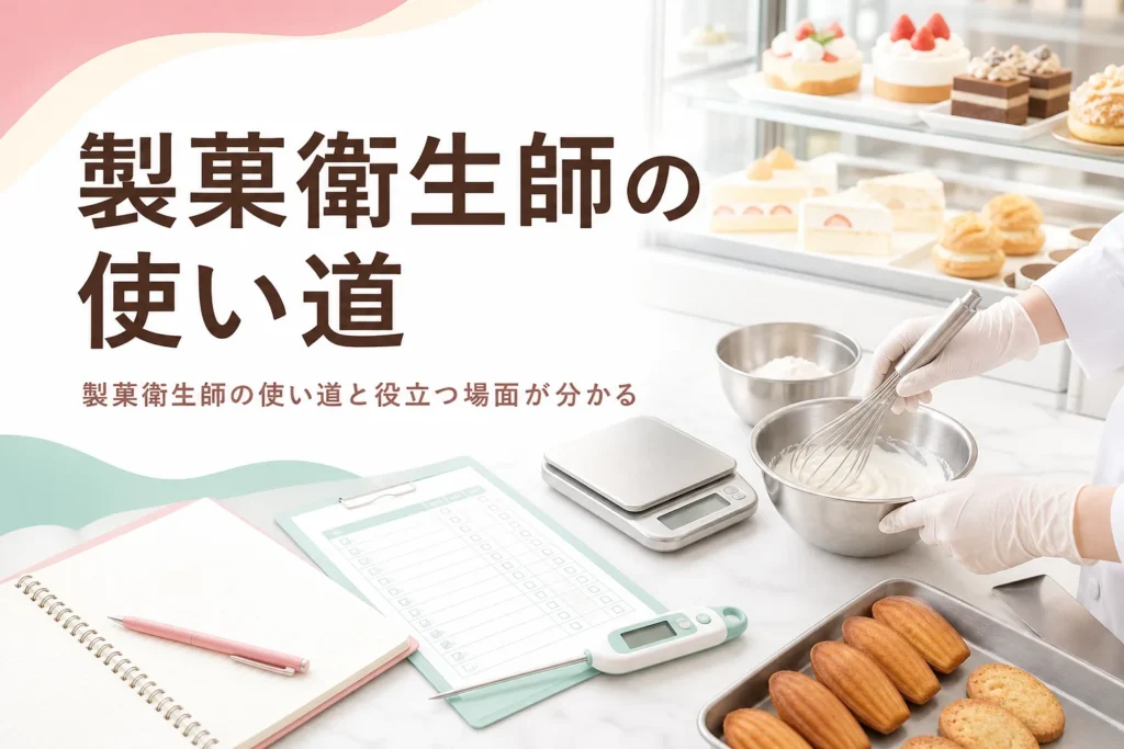 製菓衛生師の使い道と、取って役立つ場面を解説する記事のアイキャッチ