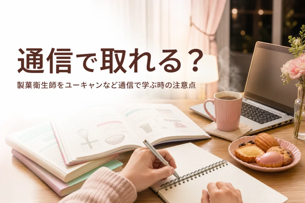 製菓衛生師を通信講座で目指す時の注意点を解説する記事のアイキャッチ